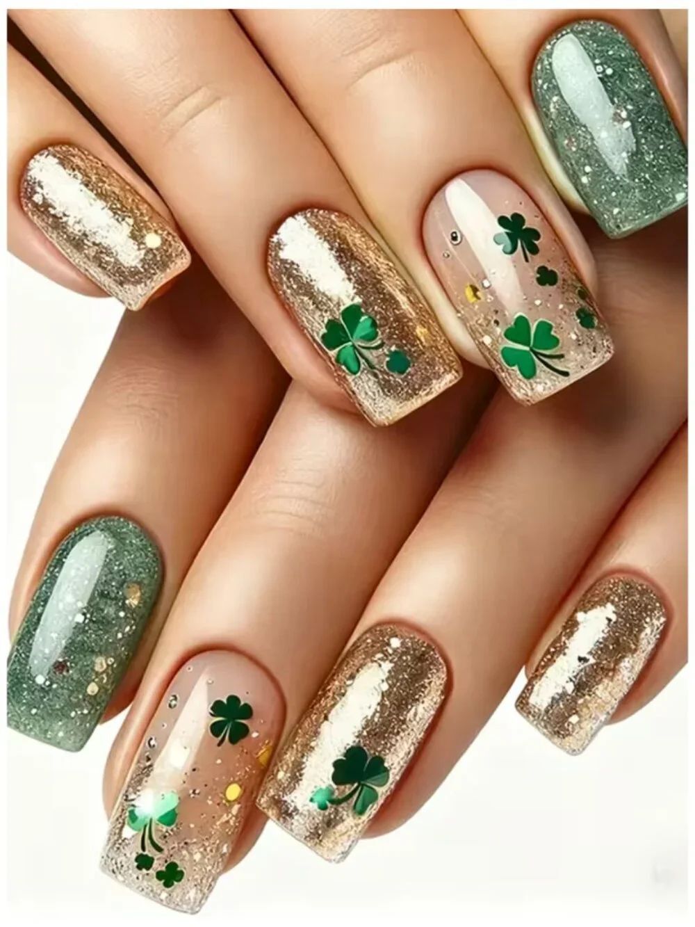 NWT St Patricks Day Clover Press On Nails Green Gold Glitter Square Fake Nails